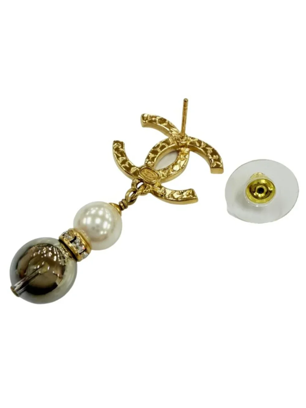 Chanel CC Logo Rhinestone Pearl Stone Swing Earrings Gold